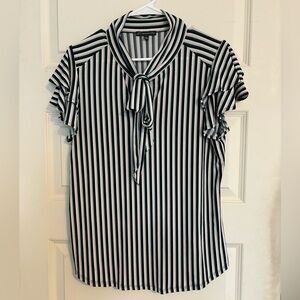Adrianna Papell Striped Tie-Neck Short Sleeve Blouse